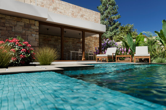 Luxury swimming pool design and garden landscaping. Modern beach house architecture with tropical palms. Private hotel villa resort 3d render