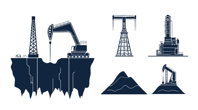 Silhouetted illustrations of oil industry equipment, rigs, derricks, and pumpjacks on white background
