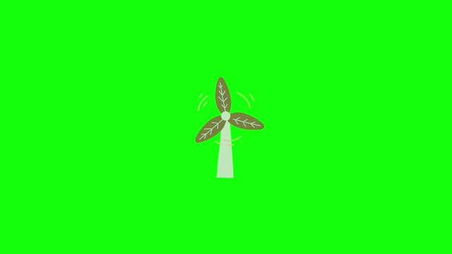 Animated 2D wind turbine with three blades spinning rapidly, motion lines indicating speed, flat vector style, isolated on green screen background.