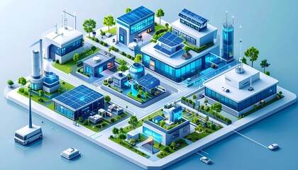 Obraz premium Isometric Smart City Illustration with Sustainable Energy and Technology.