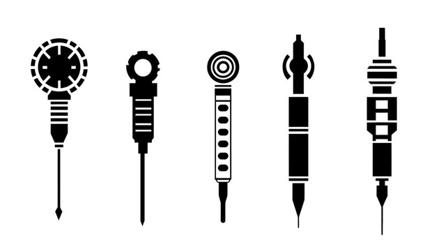 Black and white silhouette graphic with five stylized shapes resembling objects or structures