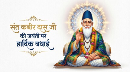 Fototapeta premium Kabir Jayanti celebration poster with saint seated blessing gesture radiant aura and colorful gradient background for Indian spiritual festival greeting design use