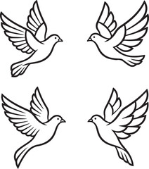Fototapeta premium Set of four black and white flying dove bird vector icons in different elegant poses for graphic design and peace symbols