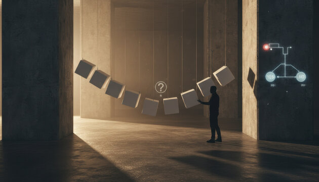 Dark Modern Gallery Person Interacting with Floating Question Mark Sheets
