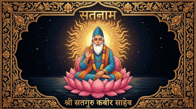 Guru Purnima Kabir Das devotional poster with saint on lotus glowing aura incense and diya arrangement for Indian spiritual festival greeting design and worship use