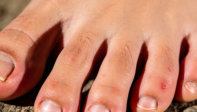 A close-up view of a person's injured toes with visible cuts and scratches on the skin.