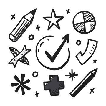 Hand-drawn marker set featuring arrows, circles, underlines, and sketch lines, rough brush pen style with natural ink flow, doodle symbols including check marks, crosses, stars, and oval shapes, imper