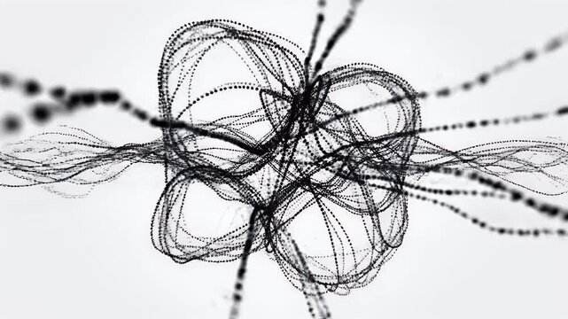 A minimalist black and white image features a dynamic, curving line of circular dots against a stark white background, creating a sense of movement and abstract design.