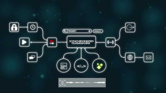 Digital workflow infographic with glowing representing synchronized teamwork and data integration 4k