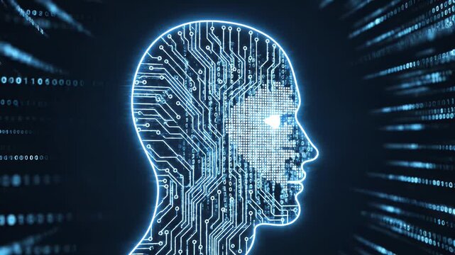 A futuristic depiction of a human head composed of digital circuitry illustrates the concept of artificial intelligence and technological advancement.