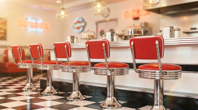 Retro lunch counter stools in classic diner with red accents  