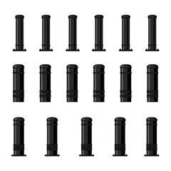 Obraz premium Collection of black bollards, urban street furniture, isolated on white background