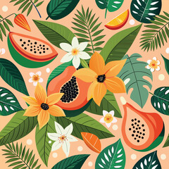 Tropical fruits and vibrant foliage create a seamless pattern © MAYENUDDIN