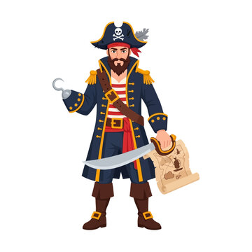 Bearded pirate captain with hook hand, sword, and treasure map, wearing a tricorn hat.