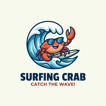 A playful crab wearing sunglasses confidently rides a wave on a surfboard, capturing the essence of fun, summer, and adventure in an animated ocean scene filled with excitement.