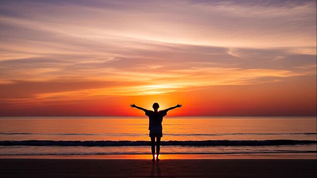 雄大なサンセットのビーチで深呼吸をしてリラックスする女性