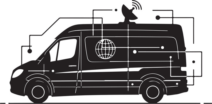 Vector delivery van icon, global shipping symbol, wifi signal, futuristic logistics concept, black silhouette