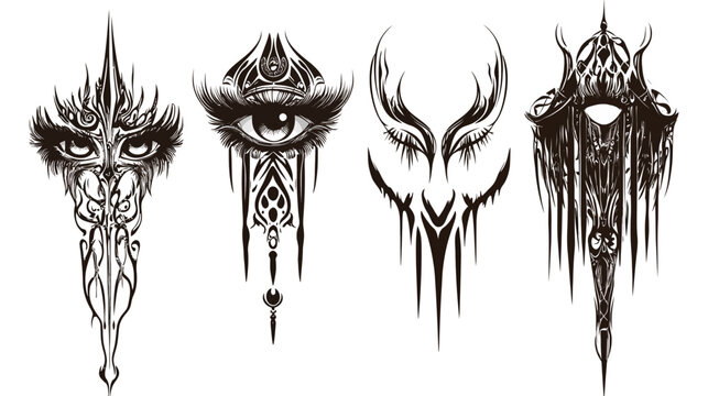 Black and white illustration featuring stylized eye designs, creating an abstract, artistic composition