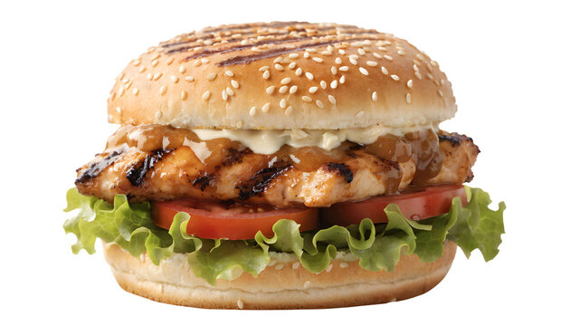 Delicious chicken burger isolated PNG on transparent background, grilled chicken sandwich with tomato and lettuce for fast food menu
