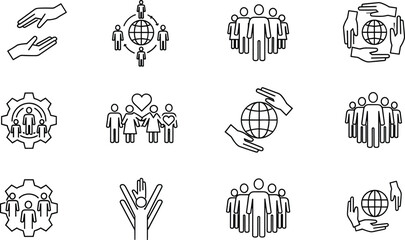 Obraz premium Community teamwork icons, global collaboration, social support, people network, charity help, teamwork outline set, business partnership concept, line icon collection
