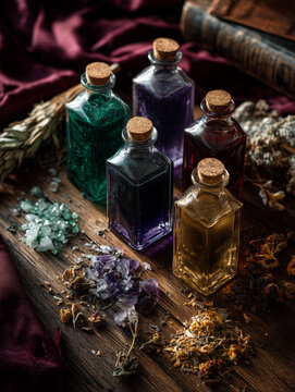 mystical top-down flat lay featuring colourful potion bottles, herbs, and crystals in emerald, violet, and gold jewel tones arranged on a rustic wooden table with dark velvet and candlelight.