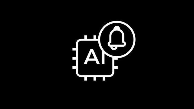 An artificial intelligence chip icon combined with a bell notification symbol representing an AI system alert, model update, or machine learning event notification