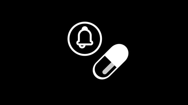A bell notification icon paired with a capsule pill symbol indicating a medication reminder alert or health notification for scheduled medicine intake