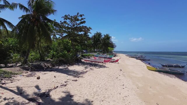 Aerial view of a tropical beach lined with palm trees and clear turquoise water with traditional Bangka boats creating a vibrant coastal scene on Bantayan Island Philippines Southeast Asia
