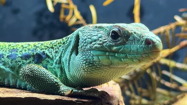 Ocellated lizard (Timon lepidus) resting on rock in terrarium, showing detailed scales, strong jaw and head structure with green coloration, slow pan to left, extreme close up shot,