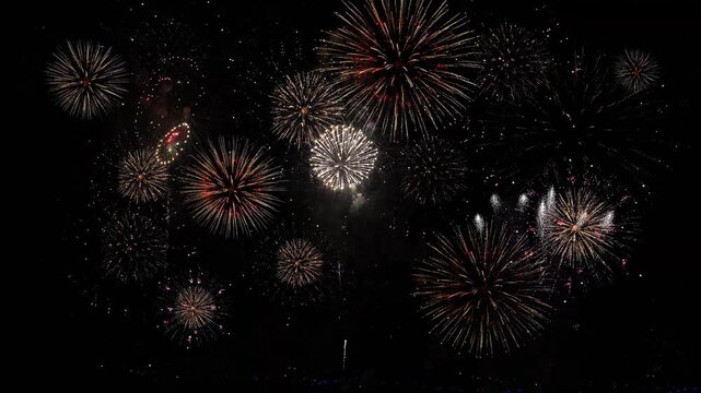 4K real colorful fireworks festival sky display night national holiday, new year party or celebration event. glowing fireworks show. eve fireworks. independence day, 4 of July night. happy new year