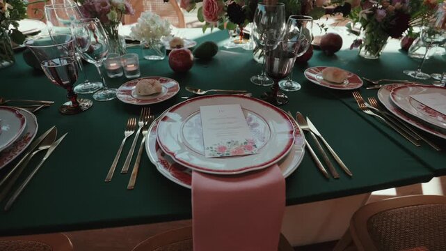 Decorated reception table with plates cutlery glasses candles flowers and bread prepared for guests at indoor wedding venue