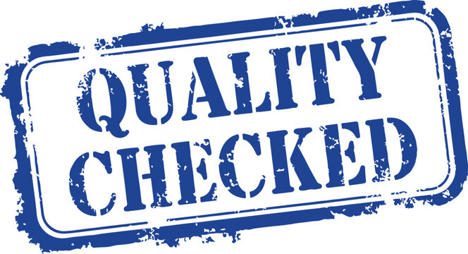 Blue oval stamp with checked" text in white and red