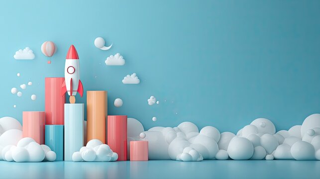 Miniature rocket launches upward from the tallest column surrounded by stylized white clouds and colorful geometric shapes
