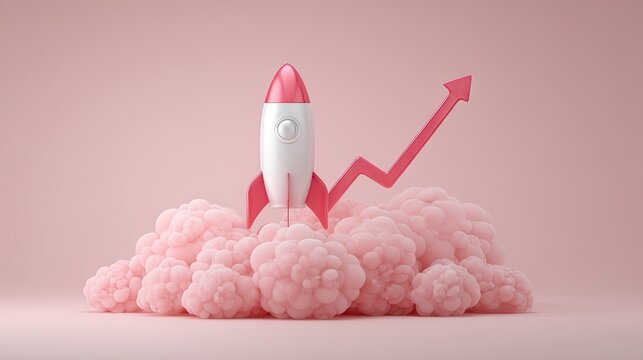 Stylized representation of upward momentum and business growth depicted by a miniature spacecraft launching from fluffy pink exhaust