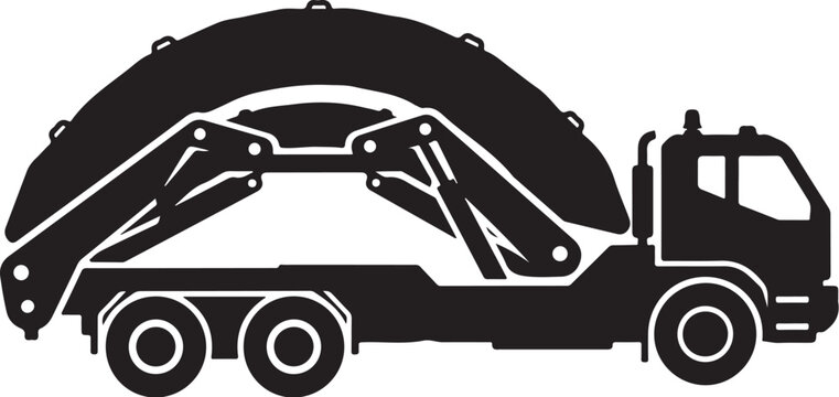 Black garbage truck, waste management vehicle, recycling truck, dumpster lifter, silhouette icon