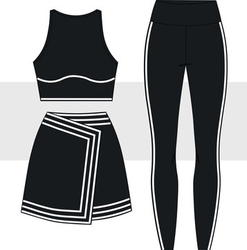 Women's Activewear Flat Sketch set, Sportswear Technical Drawing, illustration. Skirt, Leggings, Crop Top vector. Cad, Mockup Set.