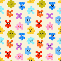Naklejka premium A seamless pattern with puzzle pieces featuring faces. Funny cartoon characters with different facial expressions. Perfect for children's games, educational materials, apps, and design projects.