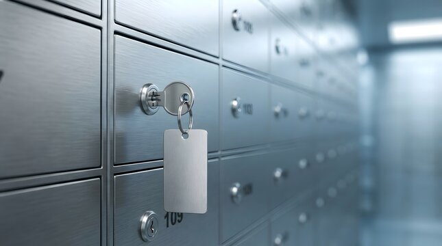 Secure locker storage system with key and tag representing safety deposit protection personal belongings security and organized storage solution concept