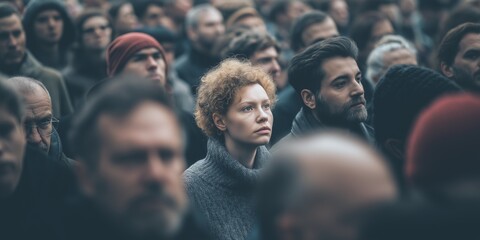 Fototapeta premium Crowd of people all looking in one direction while one individual looks the opposite way