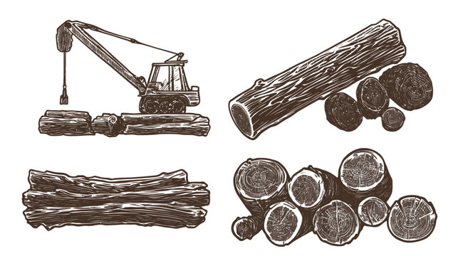 Hand-drawn illustration depicting forestry and wood processing with a harvester and logs