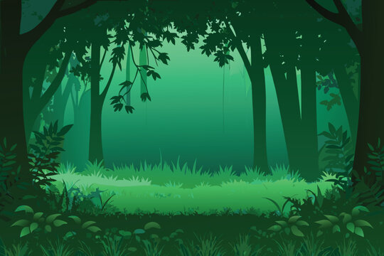 A dark and mysterious forest scene with lush green foliage