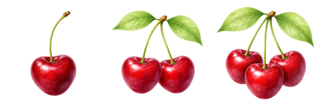 A watercolor set of red cherries featuring single, double, and triple cherry fruits with stems and green leaves isolated on white background.