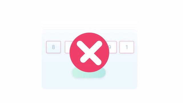 Animated OTP verification error with shaking input fields and red cross icon on transparent background, ideal for UI overlay, app authentication feedback, and security design elements.
