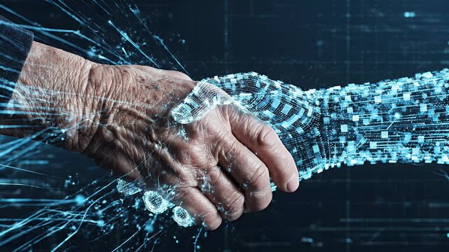 An elderly hand reaches out to touch a glowing, digital representation of a human arm, symbolizing the intersection of humanity and technology.
