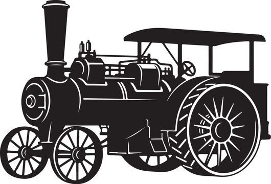 Vintage steam tractor, antique locomotive, black and white illustration, vector tractor