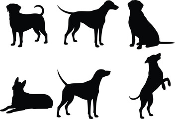Obraz premium Dog silhouette set, different breeds poses standing sitting jumping isolated vector pet animal illustration design