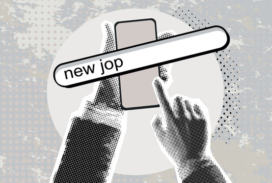 Trendy halftone collage with a hand that holds a smartphone. hand pointing on searching new jop. New Job searching concept.