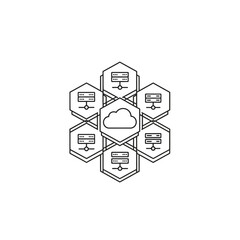 Obraz premium Outline Cloud Architecture Icon with a Central Cloud Surrounded by Server Racks in a Hexagonal Distributed Network Grid, Isolated White Background