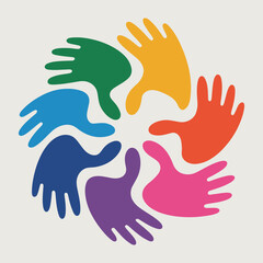 Fototapeta premium Teamwork icon vector illustration featuring seven hands together, unity, collaboration, people, cooperation, minimal flat design isolated for business and teamwork concepts