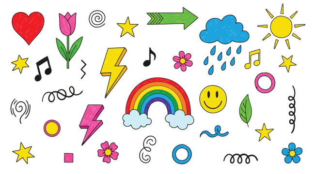 Set of hand drawn doodle elements, colorful icons, stars, hearts, flowers, arrows, rainbow, cloud, sun, music notes, smiley face